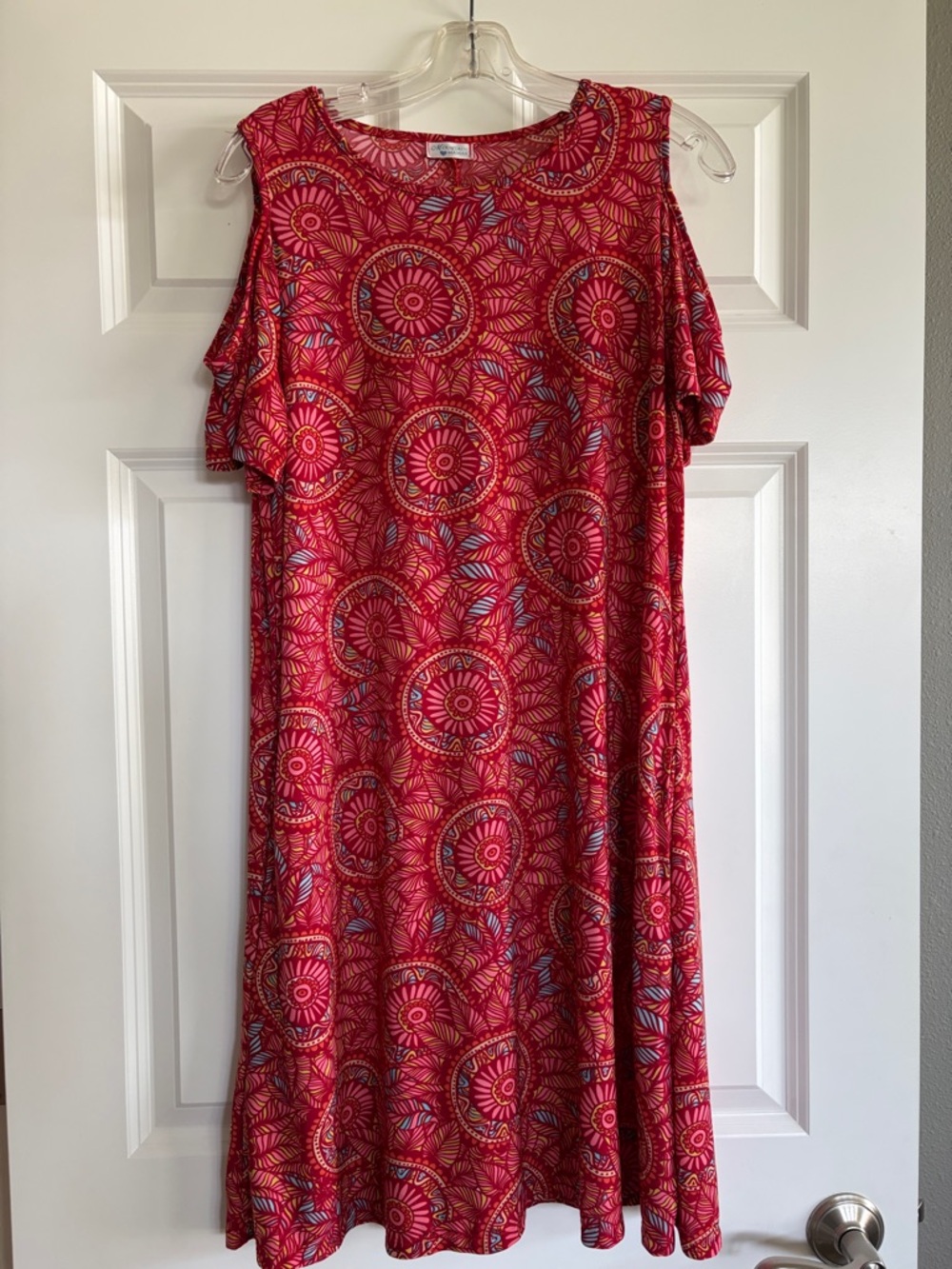Women's Red Cold-Shoulder Midi Dress with Circular Print